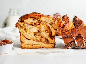 Pumpkin Spice Babka with Slices Leaning on the Loaf