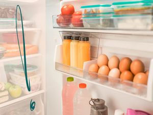 Photo of an oprn fridge door with an illustration of a blue exclamation point