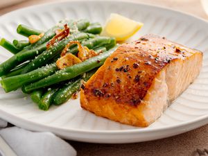 Plate of Salmon with Brown Sugar Glaze and a Side of Green Beans