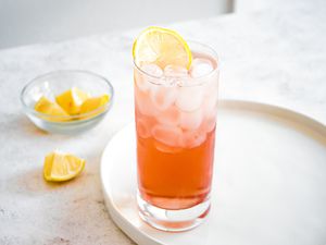 Sloe Gin Fizz in Glass with Ice and Lemon Slice on Tray. Bowl of Lemon Wedges in Background.