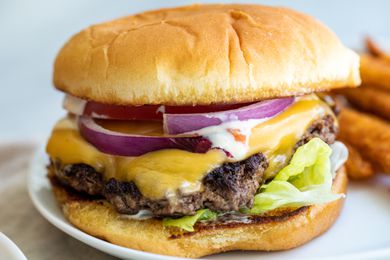 Close up view of a homemade smashburger.