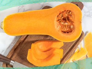 Photo of halved butternut squash with slices of peeled butternut squash, all on a cutting board. Edge of photos have yellow and blue dotted illustration