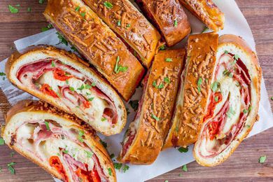 A sliced loaf of stromboli seen from above