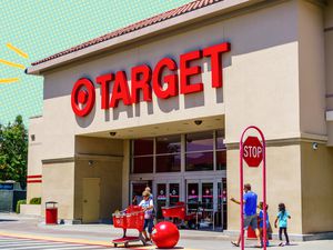Target store-front with blue and yellow polka dotted illustrations
