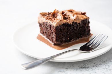 Slice of Chocolate Tres Leches Cake on a Small Plate