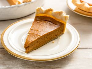 Slice of Vegan Pumpkin Pie on a Small Plate