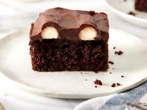 Bumpy cake on a small plate with cross-section facing forward